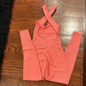 Coral Textured Jumpsuit with Cross Back